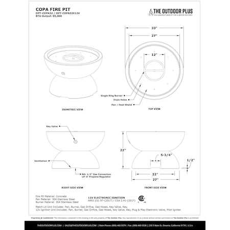 The Outdoor Plus 33 Round Copa Fire Pit - GFRC Concrete - Metallic Silver - Match Lit - Natural Gas OPT-COPA33-MSV-NG
